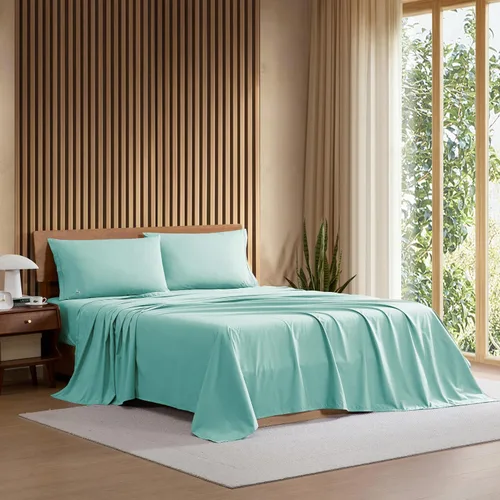 Vista 14 de Lacoste Juego de sábanas de 3 piezas 100% percal de algodón, frescas, crujientes, mate y duraderas, con certificación Oeko-Tex, color liso, azul