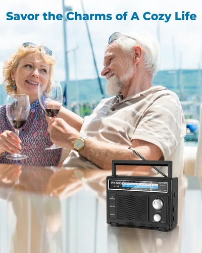 Vista 6 de PRUNUS J-136 Radio AM FM portátil con la mejor recepción, funciona con pilas D o enchufe en la pared, radio transistor, soporte de altavoz AUX