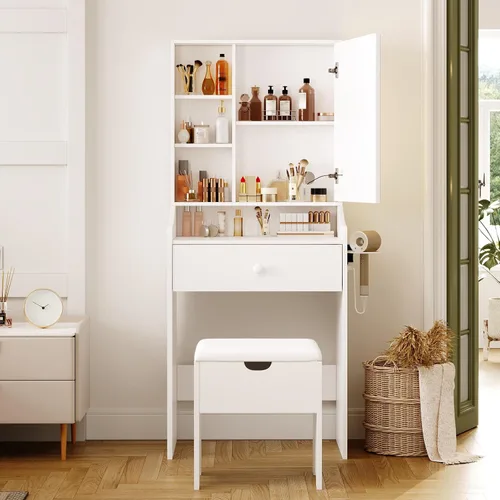 Vista 9 de Vabches Tocador de Maquillaje Pequeño de 24.4 pulgadas con Espejo y Luces, 3 Modos de Iluminación Ajustables, Juego de Tocador Compacto Blanco