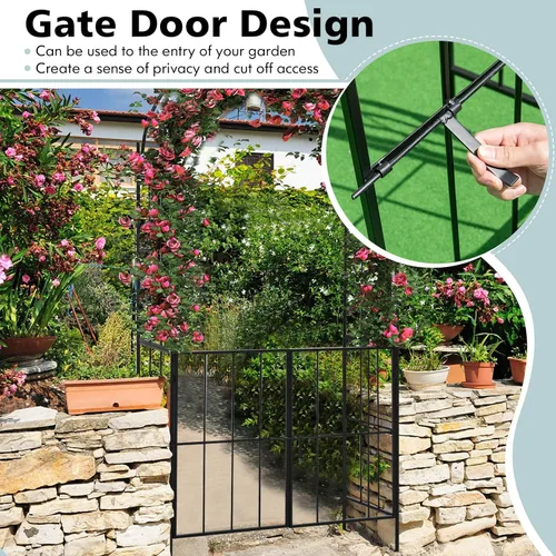 Vista 5 de Giantex Enrejado de jardín con puerta, arco de jardín de metal de 7.5 pies con puerta y estacas para plantas trepadoras, enredaderas de rosas