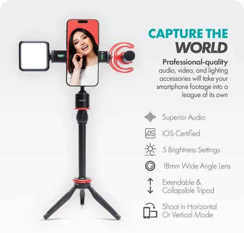 Vista 2 de Movo iVlog1 Kit de Vlogging - Kit de inicio de YouTube compatible con iPhone Lightning, micrófono de escopeta, mini trípode, luz LED, lente gran