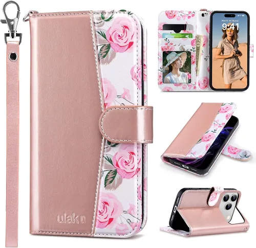 Vista 15 de ULAK Funda tipo cartera compatible con iPhone 15 Pro con tarjetero y diseño de flores, para mujeres y niñas, piel sintética, con función atril