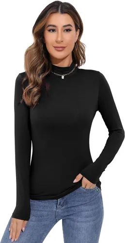 Vista 4 de Camisetas térmicas básicas de manga larga para mujer, camisetas ligeras con cuello alto falso, ajustadas, de capa suave