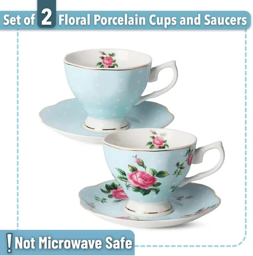 Vista 2 de BTaT- Juego de 2 tazas de té y platillos florales, 8 onzas, juego de tazas de té de porcelana fina con ribete dorado para té de la tarde, bodas