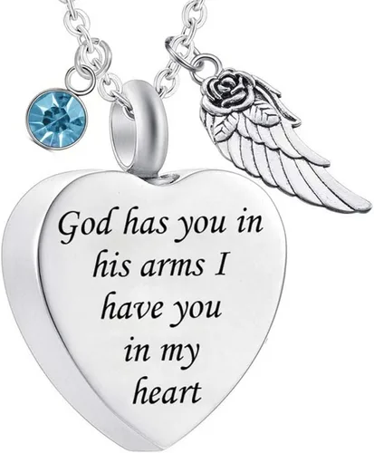 Vista 8 de Dios te tiene en sus brazos con dije de ala de ángel para cenizas de cremación, collar de urna conmemorativa con cristal de piedra natal Abril