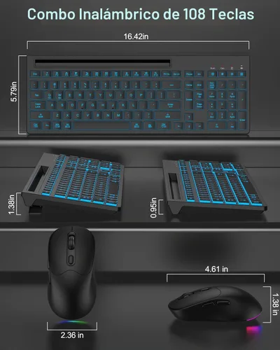 Vista 8 de Combo de teclado y mouse inalámbricos, 7 efectos retroiluminados, letras iluminadas, recargable, soporte para teléfono, mouse de 6 botones, ángulo