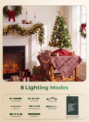Vista 5 de Árbol de Navidad artificial pequeño de 3 pies, mini árbol de mesa Pequeño árbol de Navidad con luces, funciona con pilas, base estable, decoración