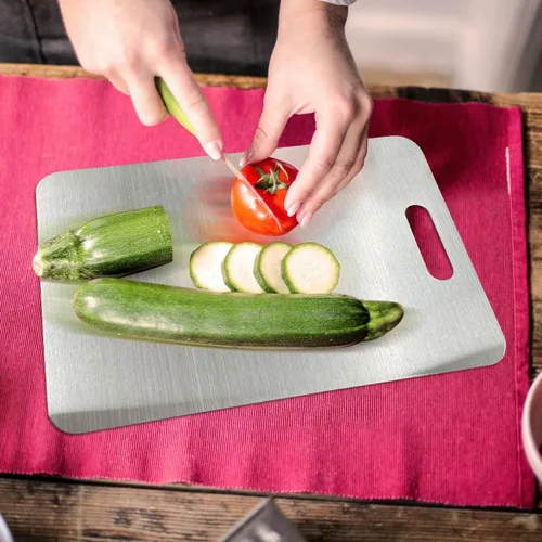Vista 7 de Tabla de cortar de acero inoxidable de grado alimenticio, tabla de cortar de doble cara para cocina, fácil de limpiar, tabla de cortar