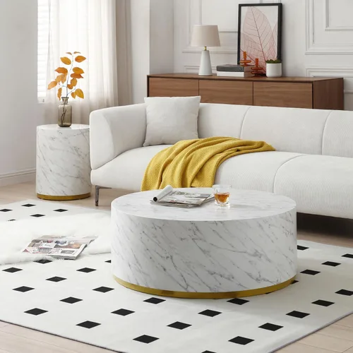 Vista 3 de Mesa auxiliar con borde dorado inferior para sala de estar, moderna mesa de centro redonda dorada o mesa auxiliar, mesa de sofá circular