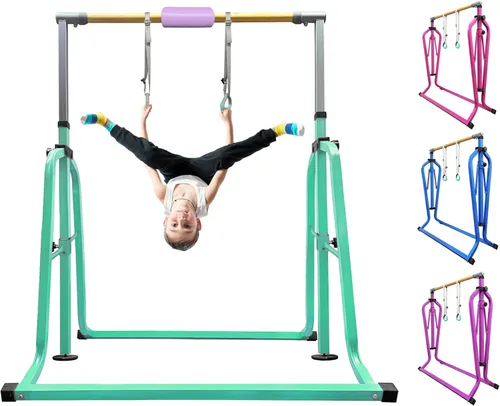 Vista 12 de Foldable Gymnastics Kip Bar with Rings & Bar Pad, 3 FT–5 FT Adjustable Horizontal Bar for Kids, 7-Level Height, 300 LBS Weight Capacity, Indoor Home