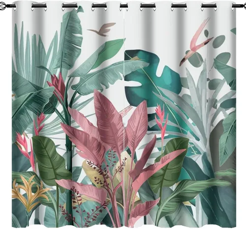 Vista 29 de Cortinas abstractas de hojas tropicales, acuarela tropical, hojas de palma, verano hawaiano, plátano, aislamiento térmico, cortinas completas