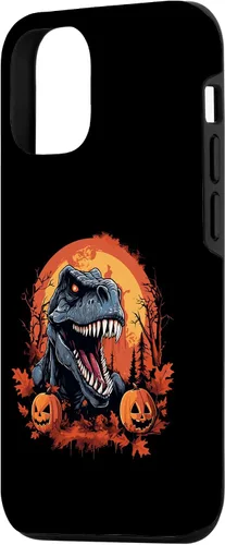 Vista 2 de Carcasa espeluznante de Halloween para iPhone 14, diseño de dinosaurio T Rex calabaza