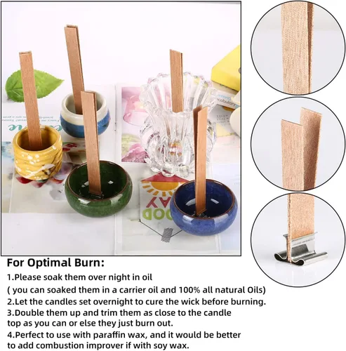 Vista 6 de 100 piezas de mechas de madera para hacer velas, mechas de madera crepitantes de 6 pulgadas/Mechas de vela sin humo con clip de base de metal, 50