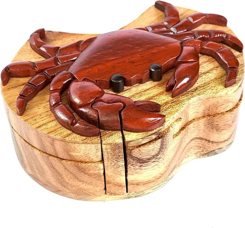 Vista 2 de Caja de rompecabezas de madera de cangrejo Intarsia, caja de madera hecha a mano con compartimento secreto, organizador único de joyas ocultas