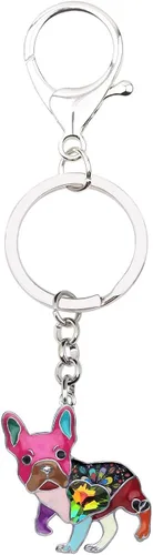 Vista 2 de Bonsny - Llavero de metal esmaltado con forma de corazón con diamantes de imitación, diseño de bulldog francés, para mujeres, niños, bolso de coche