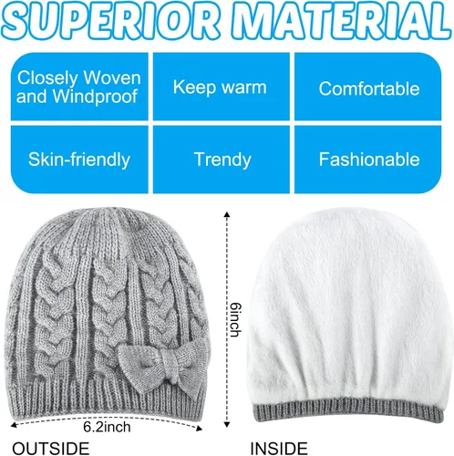 Vista 3 de 3 Pieces Fleece Lined Baby Beanie with Bow, Infant Newborn Toddler Kids Winter Warm Knit Cap for Boys Girls