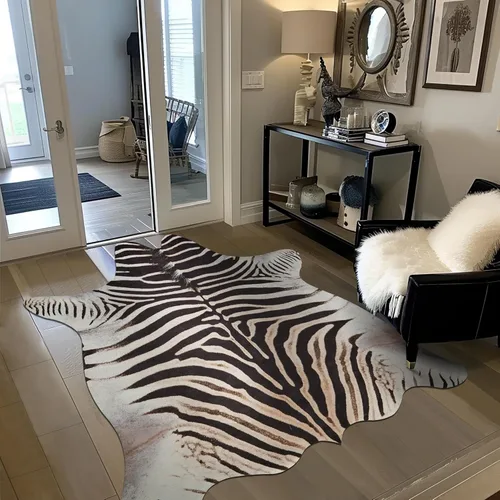 Vista 6 de jinchan Alfombra de Área con Estampado de Cebra, Piel de Vaca Sintética, Diseño de Animales, Tapete de Gamuza Sintética, Alfombra de Acento Safari