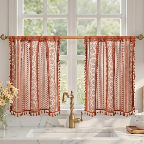 Vista 12 de MYSKY HOME Cortinas de encaje beige para puerta francesa de 40 pulgadas de largo, 2 paneles de cortinas florales bohemias transparentes para puerta