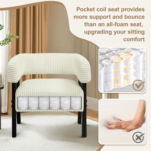 Vista 4 de Yaheetech Silla decorativa de pana con diseño de barril, moderno sillón tapizado con patas de madera maciza, acogedora silla de ocio con asiento