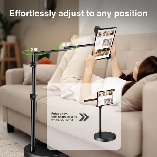 Vista 6 de elitehood Soporte de suelo para iPad de diseño diagonal con base resistente, soporte horizontal de 24 pulgadas de brazo largo para cama reclinable
