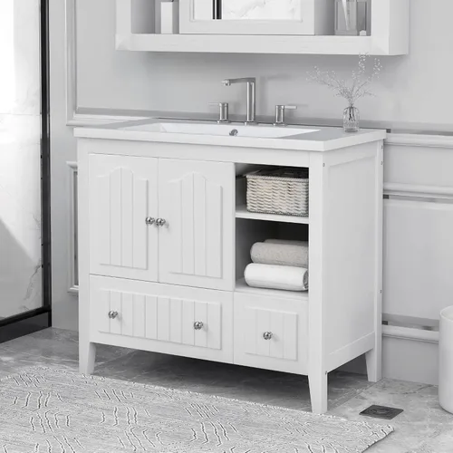 Vista 8 de Merax Moderno tocador de baño con fregadero, armario de almacenamiento de baño de 24 pulgadas con estante abierto, juego de fregadero de madera