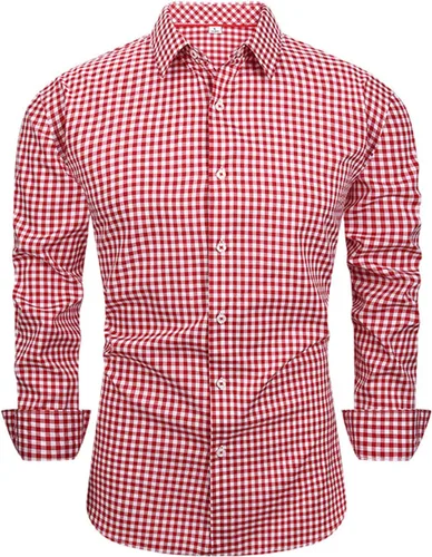 Vista 3 de Ymosrh Camisa de vestir a cuadros para hombre, de manga larga, informal, de moda, con botones