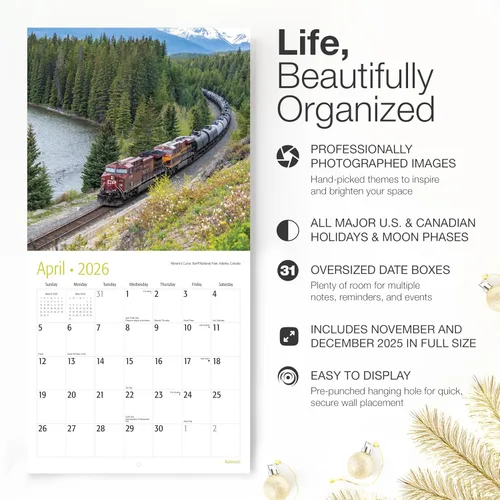 Vista 2 de RED EMBER Railroads 2026 - Calendario de pared de 12 meses, 12 x 24 pulgadas, abierto, papel grueso y resistente, regalo de vacaciones, calendario
