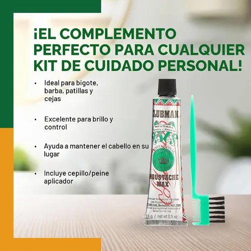 Vista 3 de Clubman Cera para bigote – Cera para bigote para hombres de sujeción fuerte, color neutro, incluye cepillo de peinado, paquete para colgar, 0.5 onzas
