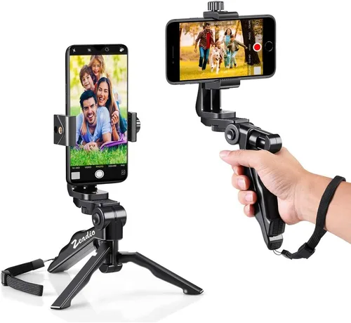 Vista 8 de Zeadio Mini estabilizador de agarre para trípode para smartphone, trípode de escritorio con soporte para teléfono y control remoto inalámbrico, se