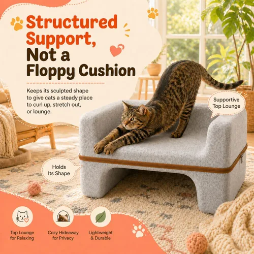 Vista 4 de Cama grande para gatos de interior, cama cueva para gatos de 2 niveles con salón superior y escondite inferior, sofá lavable de fieltro PET