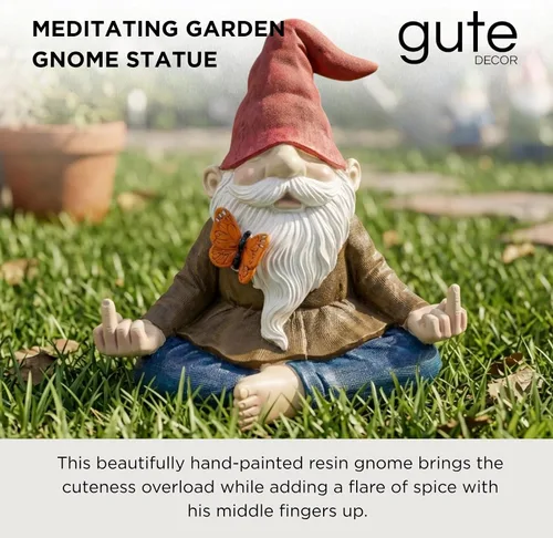 Vista 2 de Gran estatua de gnomo de jardín zen meditante, figura de dedo medio Naughty Angry Namaste de 9.5 pulgadas, divertida decoración de césped al aire