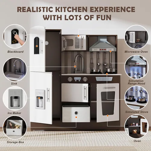 Vista 3 de JOYDIAS - Juego de cocina para niños, juego de cocina de madera con sonido y luz, horno, máquina de hielo, pizarra y caja de almacenamiento