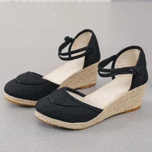 Vista 4 de Womenyiaor Sandalias de cuña con punta cerrada para mujer, alpargatas, negras, 8.5