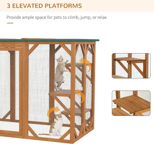 Vista 5 de PawHut Casa para gatos al aire libre, refugio de madera para gatos Catio, jaula para gatos con plataformas, puerta de entrada grande, techo