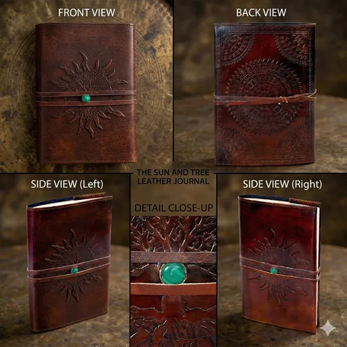 Vista 3 de Diario de Cuero Rellenable Papel Rayado SOL Árbol de la Vida Diario de Cuero Hecho a Mano Cuaderno Diario/Encuadernado Bloc Diario para Hombres