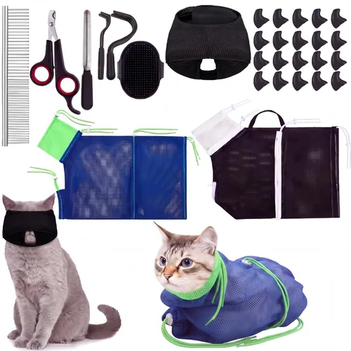 Vista 11 de Bolsa de baño para gatos, 10 piezas, kit de aseo para ducha de gato, verde y rosa