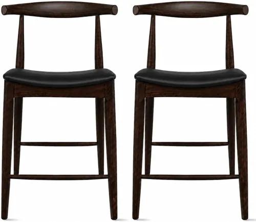 Vista 14 de 2xhome Taburete de bar de altura de mostrador con codo, marco de madera, taburetes de bar con respaldos abiertos, cojín de cuero PU oscuro, negro
