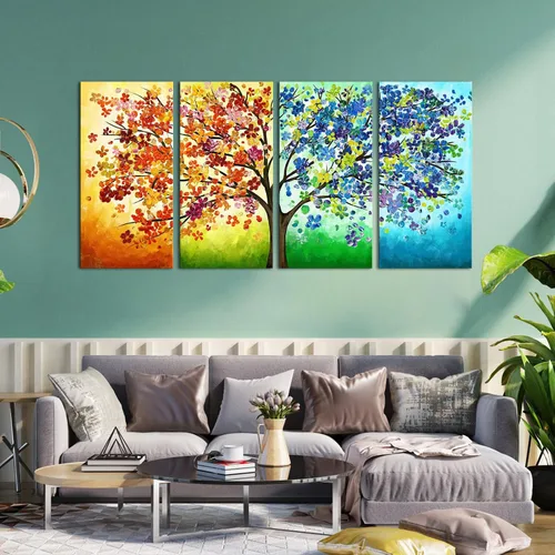 Vista 4 de KREATIVE ARTS 4 estaciones colorido árbol de la suerte pintura lienzo arte de la pared pinturas al óleo contemporáneas abstractas impresiones giclée