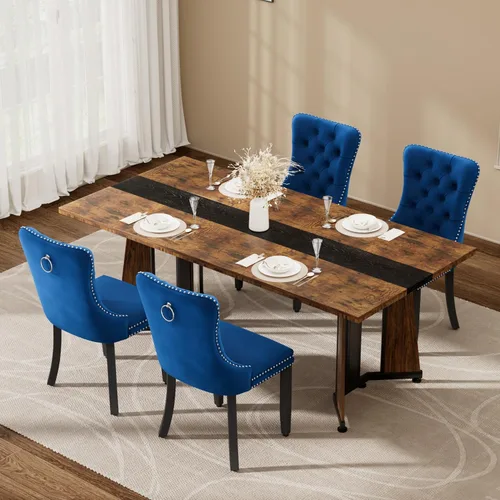 Vista 35 de Juego de mesa de comedor de 5 piezas con 4 sillas, mesa de comedor rectangular de madera de 71 pulgadas con sillas de comedor de terciopelo, tablero