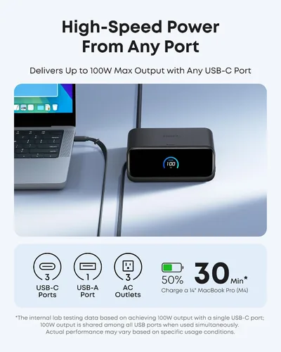 Vista 5 de Anker Estación de carga nano, tira de alimentación USB-C 7 en 1 para iPhone 16, cable retráctil Anker InstaCord de 2.3 pies, 3 USB-C, 1 USB-A, 3 AC