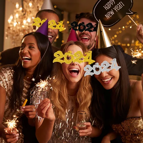 Vista 4 de Frienda 12 pares de anteojos de Año Nuevo 2024 con purpurina 2024 con números para fiesta de Año Nuevo, anteojos con forma de nube novedosos