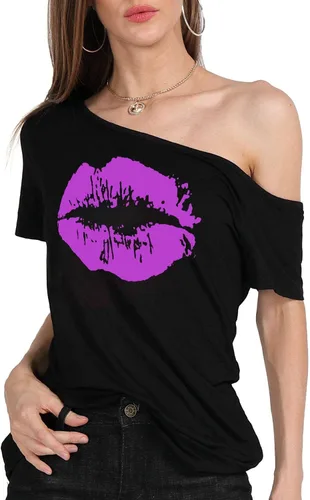 Vista 61 de MAGICMK - Camiseta casual para mujer, con estampado de labios y hombro descubierto, talla extragrande