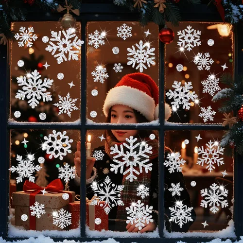 Vista 2 de 171 piezas de decoraciones navideñas para ventanas, copos de nieve plateados, calcomanías de doble cara, decoración de ventana, pared, puerta