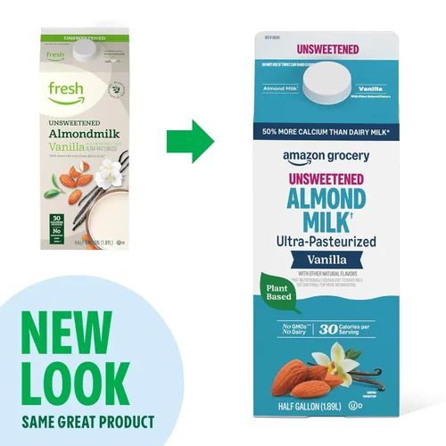Vista 4 de Marca Amazon Fresh, leche de almendras sin azúcar de vainilla, 64 onzas líquidas (anteriormente Happy Belly)