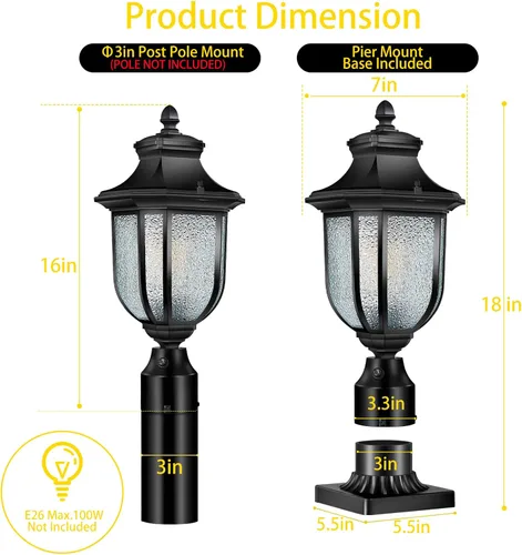 Vista 6 de Luces de poste para exteriores del anochecer al amanecer, cableado de 120 V con base de montaje en muelle, linterna de poste antioxidante, lámpara