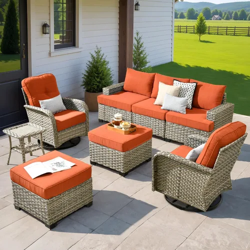 Vista 39 de HOOOWOOO Juego de Muebles Seccionales para Patio al Aire Libre, 6 Piezas Juegos de Conversación de Mimbre Sofá en Forma de L, Sofá Extra Profundo