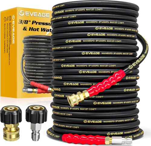 Vista 8 de EVEAGE Manguera de lavado a presión de 3/8" 7.6 m, 33,100 kPa Grado industrial con trenzado de alambre de acero y revestimiento de goma sintética