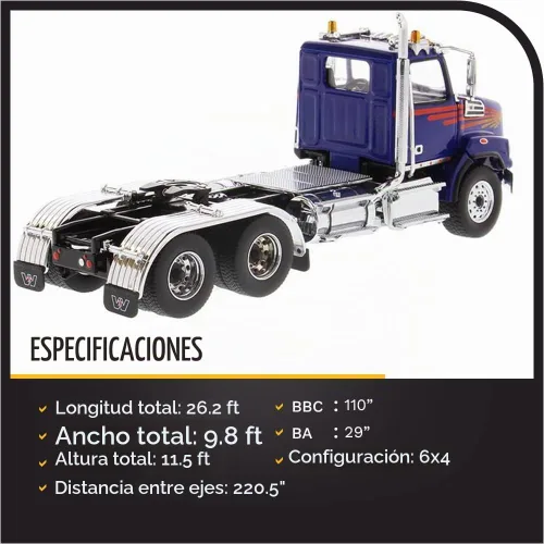Vista 2 de Diecast Masters Western Star 4700 SB Tandem Day Cab Truck-Tractor - Azul Especificaciones de camiones reales Escala 1:50 Modelo semi camiones byDM