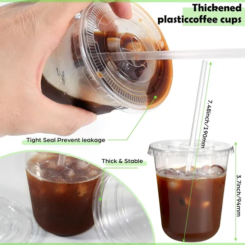 Vista 3 de 50 juegos de vasos de plástico transparente con tapas y pajitas, 14 onzas para bebidas frías, material PET, tazas de café helado desechables