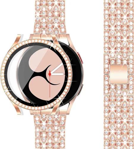 Vista 7 de Correa de diamantes compatible con Samsung Galaxy Watch 4 5 FE - Correa de 1.575 pulgadas con protector de pantalla, 0.787 pulgadas de liberación